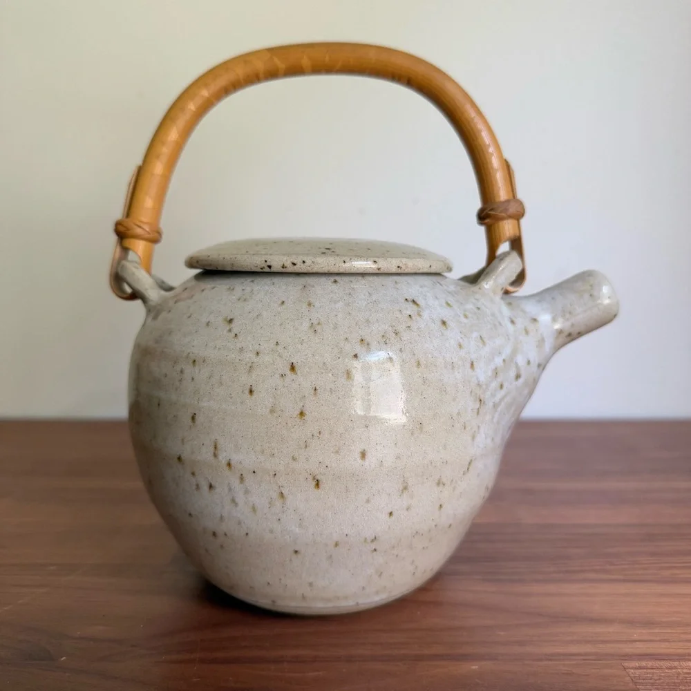 Vintage Japanese Hand Crafted Pottery Teapot w/Bamboo Handle, Signed